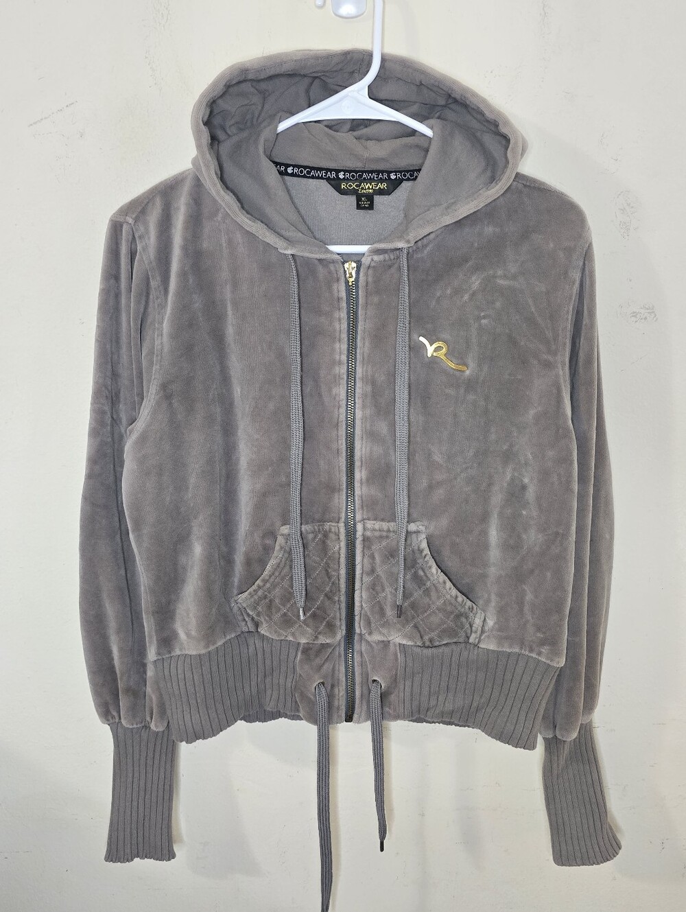 Rocawear Girls Size XL Gray Velour Zip Hoodie Y2K Quilted Elbow Patch Jacket